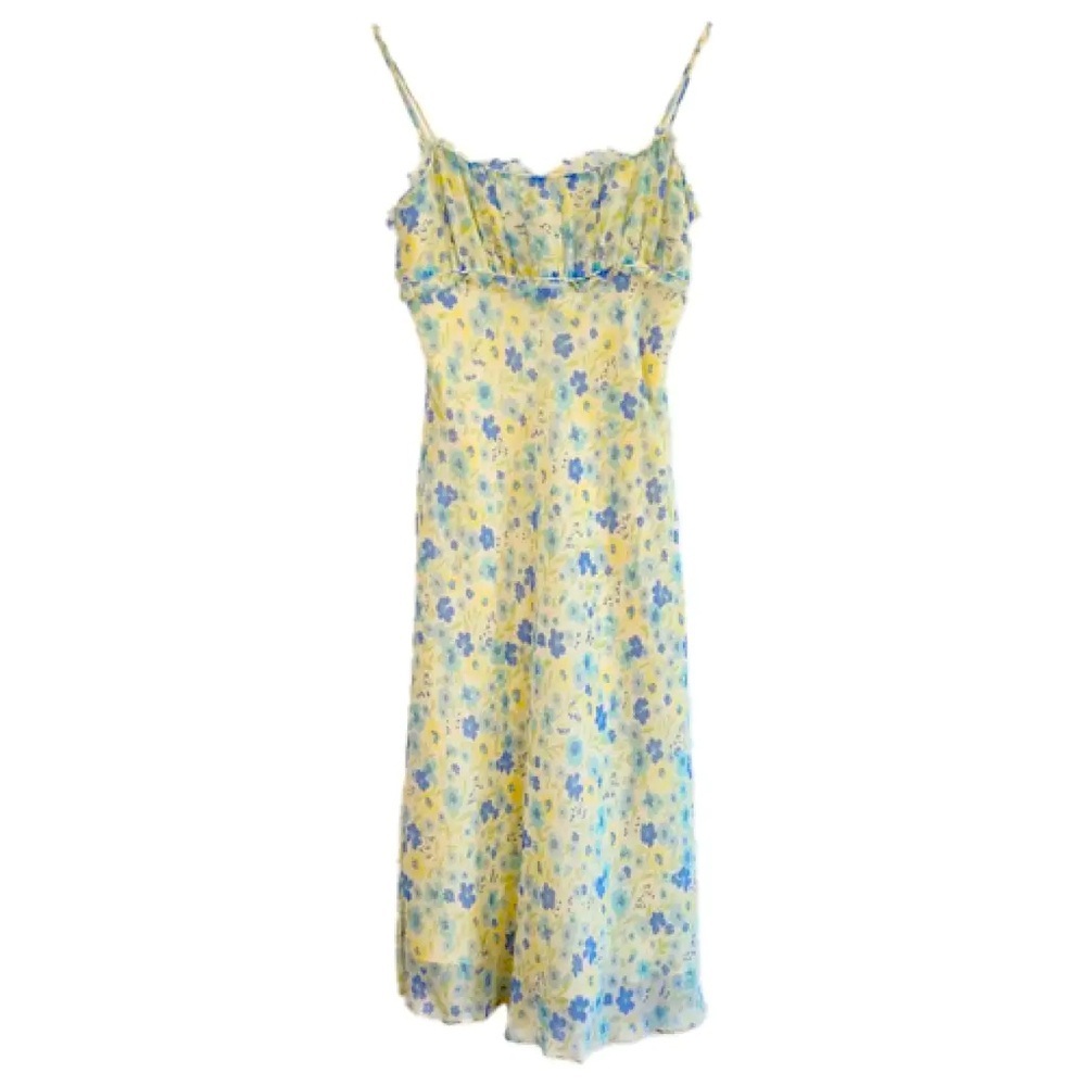2000s Y2k Express 100% Silk Floral Fairy Dress Size 6 Butter Yellow Rare!